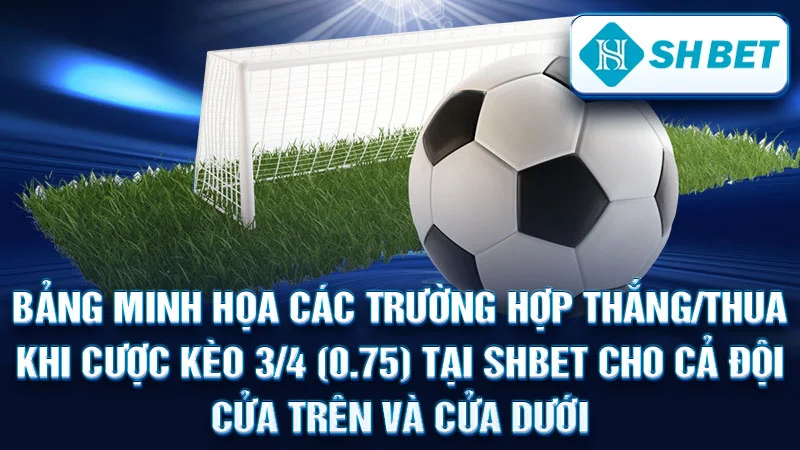 Bảng minh họa các trường hợp thắng/thua khi cược kèo 3/4 (0.75) tại SHBET cho cả đội cửa trên và cửa dưới.