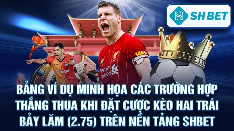 Bảng ví dụ minh họa các trường hợp thắng thua khi đặt cược kèo hai trái bảy lăm (2.75) trên nền tảng SHBET.