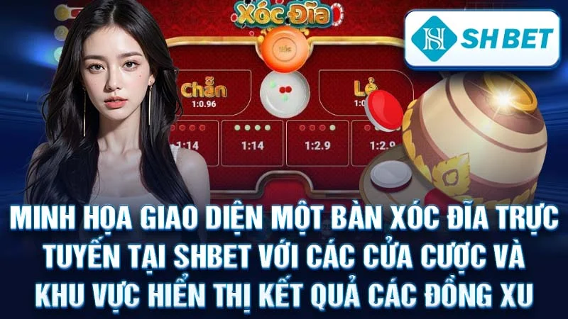 Minh họa giao diện một bàn Xóc Đĩa trực tuyến tại SHBET với các cửa cược và khu vực hiển thị kết quả các đồng xu.
