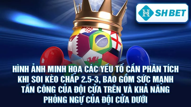 Hình ảnh minh họa các yếu tố cần phân tích khi soi kèo chấp 2.5-3, bao gồm sức mạnh tấn công của đội cửa trên và khả năng phòng ngự của đội cửa dưới.